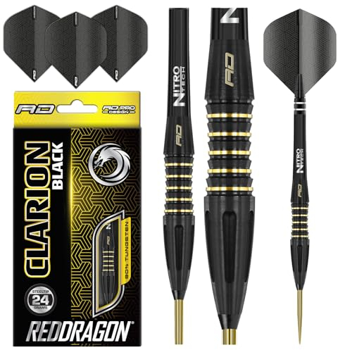 RED DRAGON Clarion Black 24g Tungsten Darts Set with Flights and Stems
