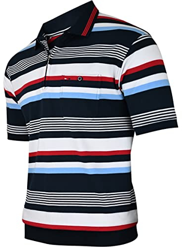 Humy Herren Kurzarm Poloshirts mit Kragen, Gestreifte Blousonshirts mit Brusttasche aus Baumwoll-Mix (M bis 3XL) (2XL, [E] Navy)