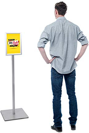 MyMAXXI | Infoständer Shop DIN A4 Klapprahmen freihstehend, mobiler Plakathalter auf Aluminiumprofil, Plakatständer mit Standfuß aus Edelstahl silber, Bodenständer