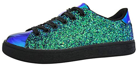 LUCKY STEP Damen Glitzer Sneaker | Schnüren Mode Schuhe | Glitzernde Bunt Turnschuhe für Damen (Grünes Hologramm, 7US-37EU-4UK)