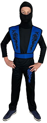 Foxxeo blaues Ninja Kostüm für Jungen - GröÃŸe 110-152 - blauer Ninja Kämpfer für Kinder Fasching Karneval, GröÃŸe:146/152