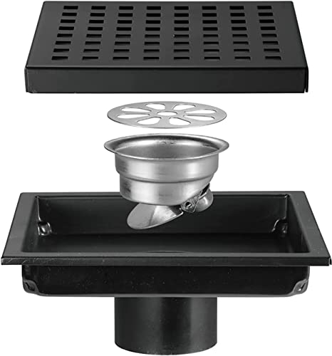 YJYKXP Bodenablauf Quadrat Duschablauf 150x150mm Duschrinne 304 Edelstahl Badezimmer Bodenablauf mit Haarfilter, Deodorant Ablaufrinne für Balkon, Küche, Badezimmer,Schwarz