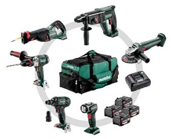 metabo Combo Set 6.1-18V Akku-Werkzeug mit Schlagbohrschrauber, Schlagschrauber, Winkelschleifer, Kombihammer, Säbelsäge, LED-Handlampe - Inkl. 4 x 4.0Ah Akku, Ladegerät & Tasche - Profi Werkzeugkit