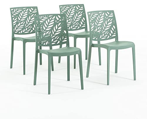 Sillas de polipropileno con fibra de vidrio apilables para interior, cocina o comedor, para exterior y jardín, sillas de bar y restaurante, de diseño - Dafne (4 sillas, verde salvia)