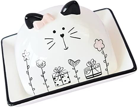 UPKOCH Ceramic Cat Butter Dish with Lid, Cute Pottery Cheese Holder, Novelty Butter Container for Home, Multi-Color, 5.8 X 4.7 X 3.7 Inches