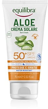 equilibra Solari, Aloe Crema Solare SPF 50+ Travel Size, con Aloe Vera, Vitamina C ed E, Olio di Argan, Olio di Cocco e Burro di Karité, Per un'Abbronzatura Sana e Naturale, Water Resistant, 75ml