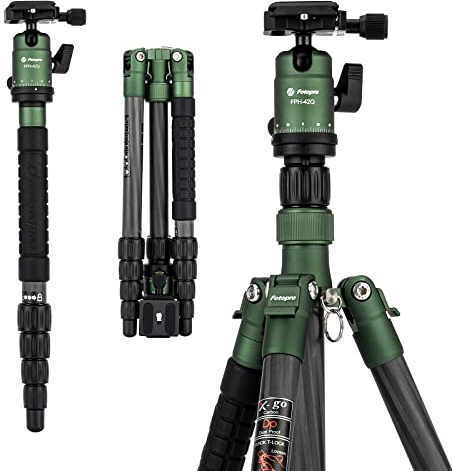 Fotopro Treppiede da viaggio in fibra di carbonio da 150 cm, treppiede compatto per fotocamera con testa a sfera in metallo, monopiede staccabile con piastra a sgancio rapido e borsa, carico fino a 8