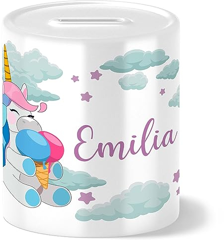 OWLBOOK® Einhorn Spardose Personalisiert Mädchen | Geschenke zur Einschulung | Taufgeschenke für Mädchen | Geschenk Taufe | Sparschwein | Sparbüchse | Wiederverschließbar | EIS Einhorn