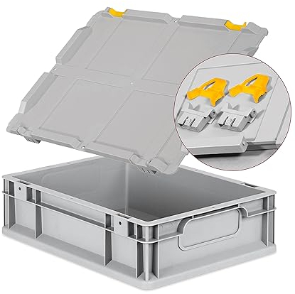 Eurobox NextGen Economy 40x30x12cm Griffe geschlossen mit Scharnierdeckel grau, Kunststoffbox 11 Liter stapelbar Transportbox, Wohnmobilbox Farbe Deckel-Verschlüsse wählbar (Verschluss Gelb)