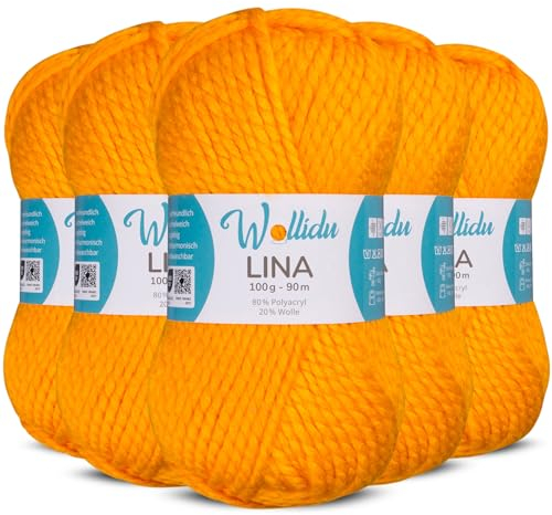Wollidu Lina Wolle zum Stricken und Häkeln 500g 80% Polyacryl 20% Schafwolle Mulesing-frei Oeko-Tex 5x 100g/90m Häkelwolle/Strickwolle - Gelb