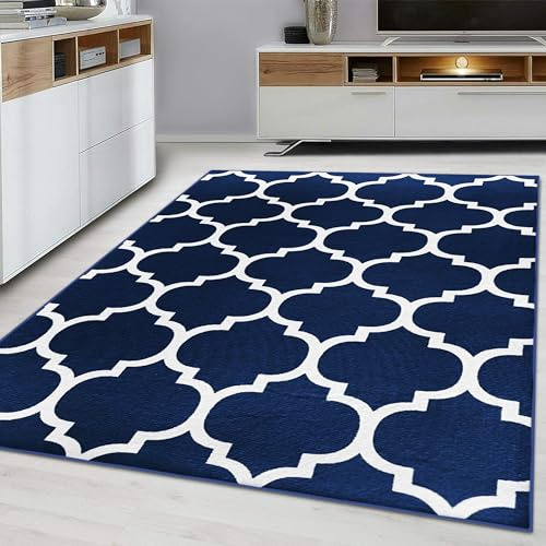 Hafaa Rugs for Bedroom - Area Rugs Living Room 80x150 Cm Soft Touch Durable Modern Floor Carpet Trellis Style Ava Navy Small Rug Easy Care