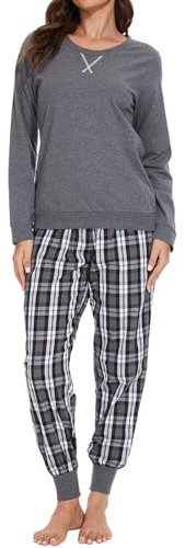 Mnemo Pyjama uni et à Carreaux Fin pour Femme 100% Coton Manches Longues Pantalon Long Pyjama Femme Motif à Carreaux Noir-Blanc-Gris Taille S