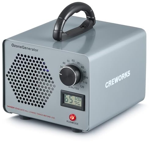 CREWORKS Ozone Generator, 15000 mg/h High Capacity Ozone Machine for Car Home Smoke Pet Odor Removal, Commercial Ozone Odor Eliminator Air Purifier with Timer Display for 300 m² Room