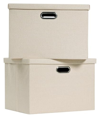 FABINADO 260g/m² XLarge Fabric Storage Boxes with Lids | Linen Storage Baskets for Clothes & Toys | Odour Dispersal Process, 3mm Support Layer, Reinforced Edges | 2 Pack, Candlelit Beige
