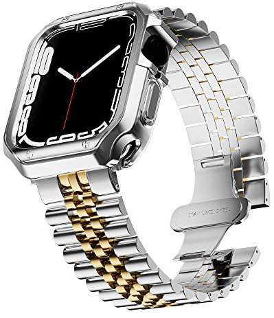 Compatible with Apple Watch Band and Case, Stainless Steel Metal Chain with TPU Cover, Smart-Watch Link Bracelet Strap, Wrist-Band for i-Watch Series 9 8 7 6 5 4 3 2 1 SE, 45mm 44mm 42mm, Gold+Silver