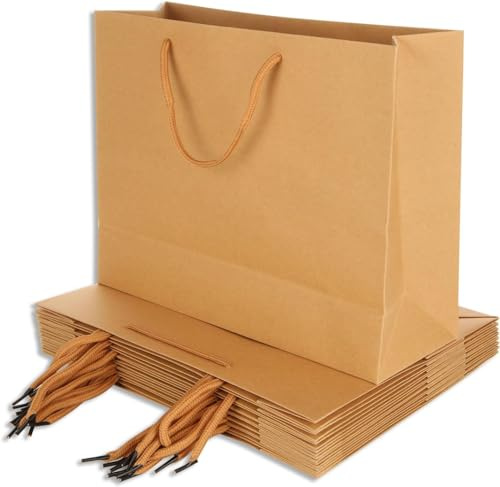 FWEEK 24 Stück Kraftpapiertüten mit Henkel, 32 × 11 × 25 cm für Geschenke | 260-g-Kartonpapier mit Baumwollkordeln für Feiern, Einzelhandel und Mitgebsel