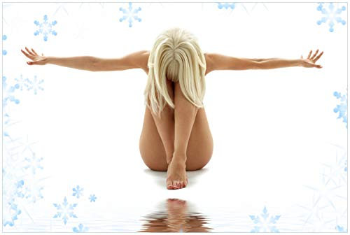 Wallario Glasbild Akt-Erotik im Winter - Nackte Frau mit Schneeflocken - 60 x 90 cm Wandbilder Glas in Premium-Qualität: Brillante Farben, freischwebende Optik