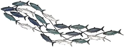 Moderne Wandskulptur, Vintage-Wanddekoration aus Metall, 3D-Fischschwarm-Wandskulptur, grün-blau-weiße nautische Kunst im Used-Look, Wohnzimmer-Schlafzimmer-Wanddekoration, Fischschwarm-Kuns