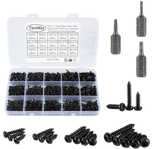 FandWay 760Pcs Very Small Torx Self Tapping Screws,Tiny Micro Repair Screws Kit,Black Mini Torx Security Anti-Theft Screw M1.7 M2 M2.3 M2.6 M3 for Wood Watch Spectacles Laptop PC Electronic.
