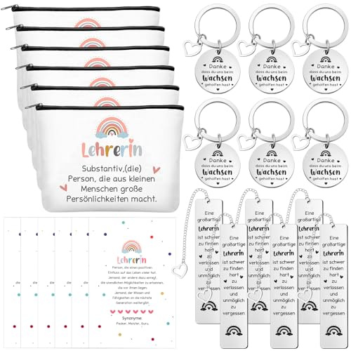 Ylinge Lehrerin Geschenk 6 Teiliges Lehrer Wertschätzung Geschenk Set mit Kosmetiktaschen Dankeskarten Edelstahl Schlüsselanhänger und Lesezeichen für Lehrertag Abschied Ruhestand Weihnachten