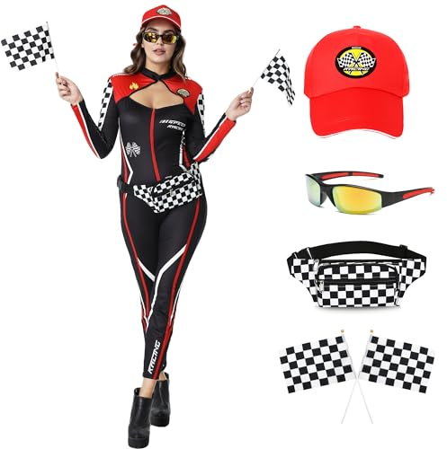 Coseaon Rennfahrer Kostüm Damen, 6Pcs Rennwagen Kostüm Frauen Set, Sexy Rennwagen Fahrer Halloween Kostüme Frauen (Black, L)