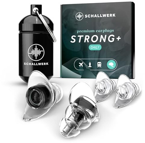 Schallwerk ® Strong+ Daily - unauffällige Gehörschutz Ohrstöpsel – dämpfen Lärm & erhalten Tonqualität – Ohrenstöpsel transparent - Earplugs geeignet für Musik, Alltag, Arbeit & Lernen