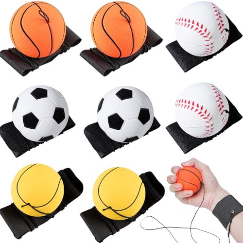 8 Stücke Springball mit Schnur, Ø 6cm Handgelenk Return Ball, Ball mit Schnur Kinder, Handgelenk Ball Mit Schnur, Sport Spielzeug für Kinder Erwachsen, (Fußball & Basketball & Tennis & Baseball)