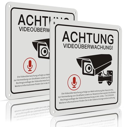 2 Stück Video Surveillance Sign, mit Selbstklebend,15x15cm Achtung Videoüberwachung Schild Metall Aluminium mit DSGVO Hinweis,with 4 Bohrlöcher Private Property Camera Surveillance Warning Sign