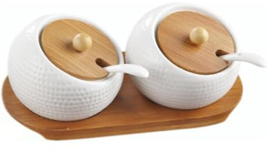 MIATTCLD 2 Pcs Porcelain Condiment Jar Set, Spice Container with Bamboo Cap and Ceramic Serving Spoon, Wooden Tray, Used to Store Sugar, Spices, Coffee, Tea, 170 ML(5.8 OZ)