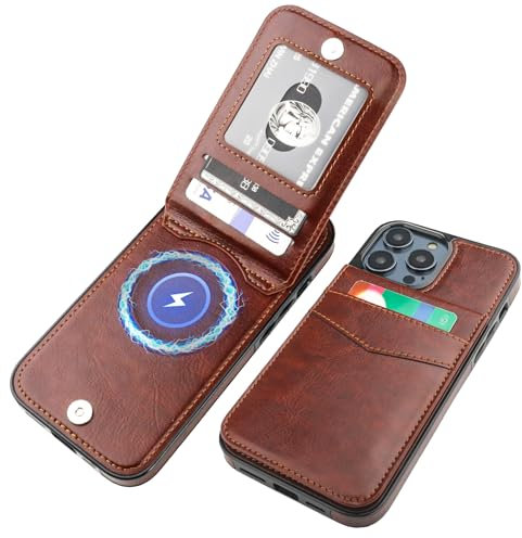 KIHUWEY for iPhone 13 Pro Case Wallet Compatible with MagSafe Wireless Charging, Credit Card Holder, RFID Flip Leather Magnetic Clasp Kickstand Heavy Duty Protective Cover 6.1 Inch (Brown)