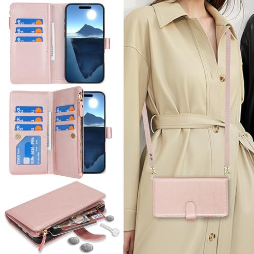 Cavor Cover Compatibile con iPhone 16 PRO Max con Cordino,Flip Portafoglio Custodia in Pelle,[9 Porta Carte][2 Cordino],Custodia Libro Cover con Laccio Compatibile con iPhone 16 PRO Max - Oro Rosa