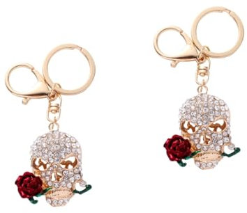 COLLBATH 2 Pièces porte-clés tête de mort rose bague en strass pendentif porte-clés effrayant Pendentif de clé femme Pendentif de clé fantaisie pendentif porte-clés de voiture alliage