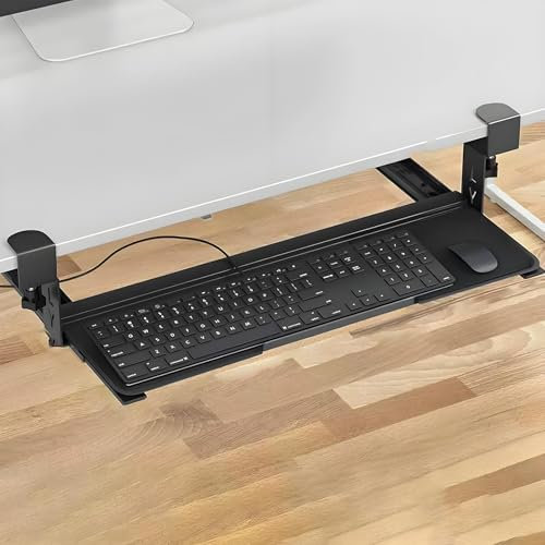 Under Desk Sliding Keyboard Tray, Keyboard Attachment for Desk, Clip on Keyboard Tray Under Desk, C-Clip Fixing, Cold Rolled Steel, with Anti-Drop Keyboard Tray