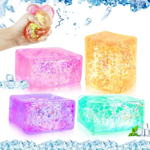4 Stück Nice Cube Stressball für Kinder Fidget Toy Sensorische Stressbälle Spielzeug Stress Ball Nee Doh Nice Cube Eiswürfel Stress Balls Antistress Spielzeug Anti Stress Spielzeug Squeeze Toy