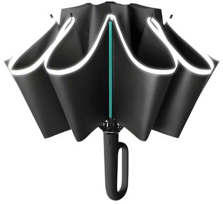 Regenschirm groß, 10 Rippen,Sturmfest –Automatisches Öffnen/Schließen, Golf Umbrella, Freien UV Schutz Faltender Sonnenschirm Taschenschirm UPF 50, Karabinergriff für Herren und Damen (Schwarz)