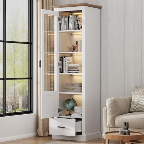 PUGSDRLY Vitrine en Verre avec 1 Porte et 1 tiroir,Armoire de Vitrine Blanc avec Lumières LED 16 Couleurs,Bibliotheque,Buffet Salon,Moderne Meubles de Rangement,5 Compartiments,50x35x178cm (Style-B)