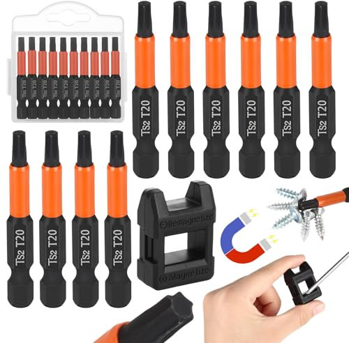 10 Pezzi Punte Torx T20, Cacciavite Torx Set Da 50 mm con Magnetizzatore e Scatola, 1/4” Assortimento Di Punte per Viti con Profilo A T, Trapano A Percussione, Avvitatore A Batteria