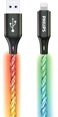 Philips DLC5130V iPhone-Ladekabel RGB 1 m, 18 W Lightning-Kabel für schnelles Aufladen, 480 Mbit/s Sync, kabelloses geflochtenes Kabel für iPhone, iPad, MFI-kompatibel