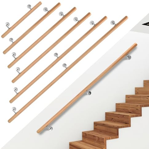Ikodm Corrimano in legno di faggio, ringhiera per scale, 100 cm, Ø 42 mm, ringhiera per scale, corrimano da parete, montaggio laterale, con supporti da parete, materiale di montaggio