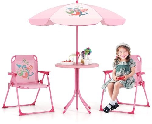 DREAMADE Kindersitzgruppe mit Sonnenschirm, Kindertisch mit 2 Klappstühlen, Kinder Picknicktisch mit höhenverstellbarem Schirm & niedlichem Muster, Kinder Gartenmöbel für Indoor & Outdoor (Rosa)