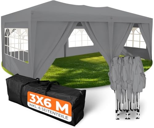 Kronenburg Faltpavillon wasserdicht Pavillon mit 6 Seitenteilen, Gartenzelt, 3x6 m - mit UV Schutz 50+, Grau