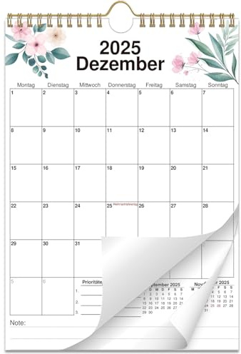 AEYAKA Wandkalender 2025-2026, Monatsplaner für 16 Monate von September 2025 bis Dezember 2026, A4 Format mit Feiertagen & Notizbereich, Blumen Design, Deutsch