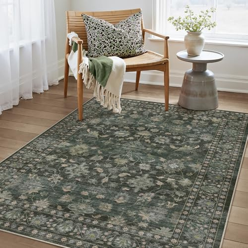 PureCozy Teppich Wohnzimmer 80x150cm Waschbarer Teppiche,Grün | Blumenmuster,Waschbar, Rutschfest, Kurzflor, Weich, Schlafzimmer, Esszimmer, Büro, Flur, Kinderzimmer