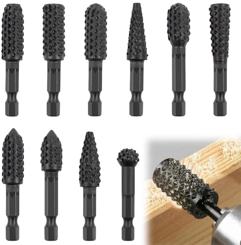 MISIQIMA 10 Stück Holzfräser für Bohrmaschine Set, 6,35 mm Sechskantschaft Frässtifte, Darunter 10 Formen wie Kugelfräser Holz, Zylinderkopffräser, für Verschiedene Holzarten