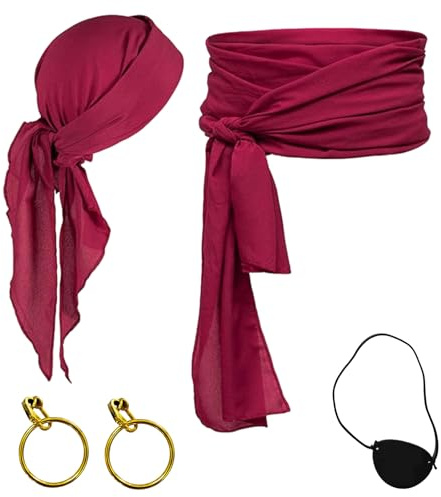 VVQWCY 5 Stück Piraten Kopftuch Damen Set, Rotes Tuch Pirat, Piratentuch Rot Gürtel mit 1 Augenbinden und 2 Ohrring für Kostüm Zubehör