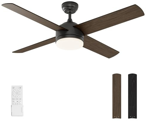 warmiplanet Deckenventilator mit LED-Licht und Fernbedienung, 132 cm, Schwarz, 4 Blätter, 6 Geschwindigkeiten, umschaltbarer DC-Motor, 3 Lichtfarben, dimmbares Licht, Timer-Funktion, geräuschlos