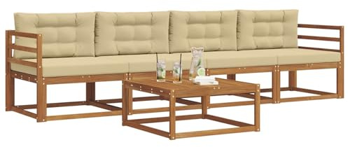 vidaXL Outdoor-Sofagarnitur mit Kissen 5 pcs Natur und Beige, Stylische Gartenmöbel, modernes Sofa-Set, langlebige Möbel für Poolbereich, Bequeme Sitzgelegenheiten für die Terrasse