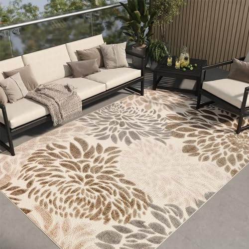 TAPISO Patio Outdoor Teppich Creme Beige Blumen,Wetterfest und Pflegeleicht,UV-Fest - Ideal für Terrasse Balkon Garten 90 x 150 cm