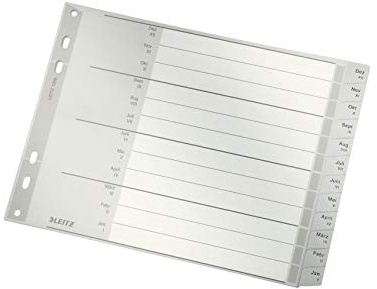 Leitz Register für A4, Deckblatt aus Karton und 20 Trennblätter aus Kunststoff, Taben mit Monatsdruck Dez-Jan, Halbe Höhe und Überbreite, Grau, 12880085