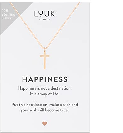 LUUK LIFESTYLE Halskette mit Kreuz Anhänger, 925er Sterlingsilber und HAPPINESS Geschenkkarte, christliches religiöses Symbol, Kruzifix, Geschenk für Tochter zur Kommunion, Taufe, Rosé